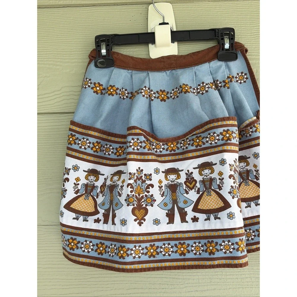 Made in Austria Bavarian Folk Art Blue/Brown Floral Half Apron Pockets Tie Waist